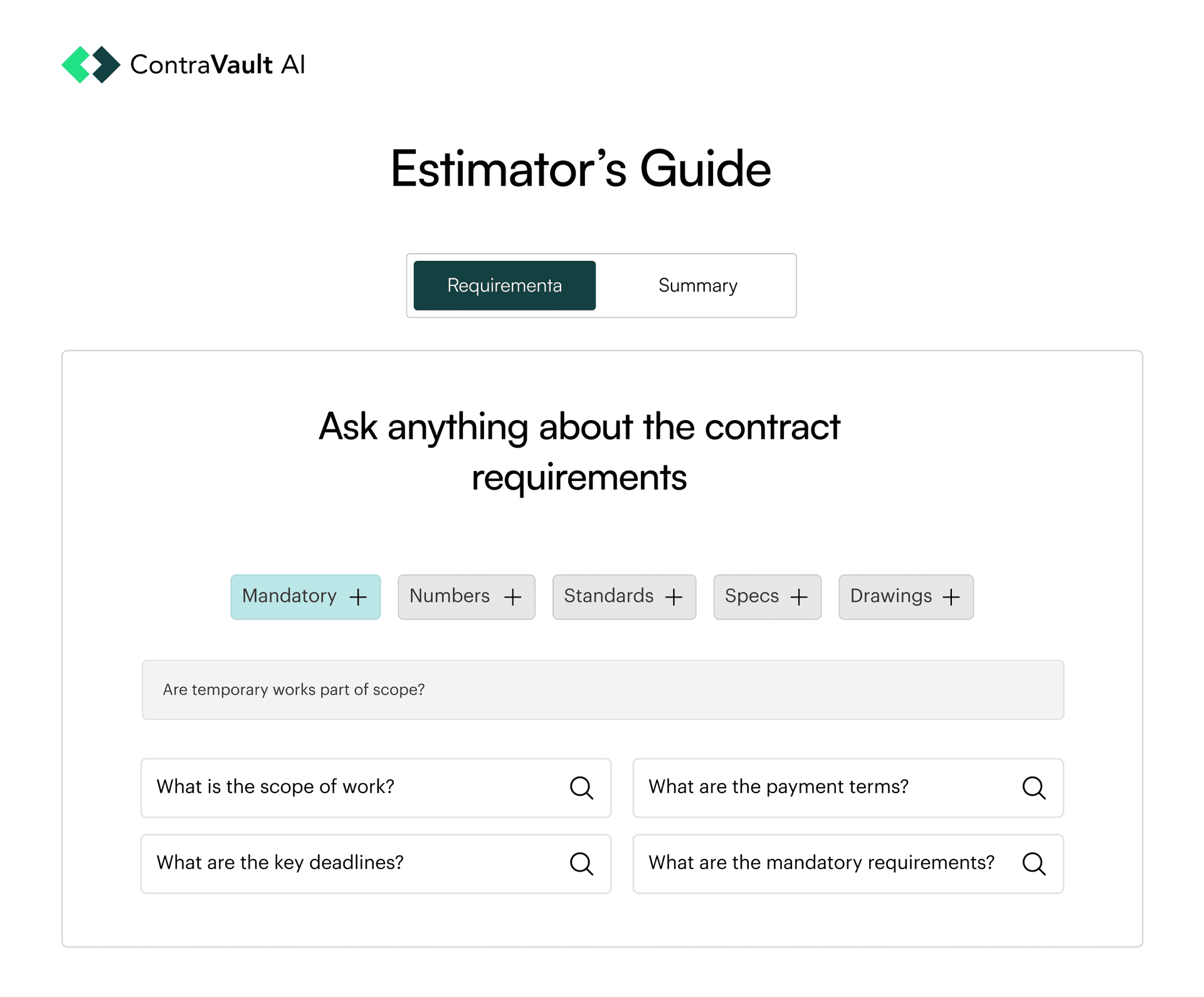 ContraVault AI interface showing Estimator's Guide for construction RFPs with searchable evidence-linked requirements and specifications