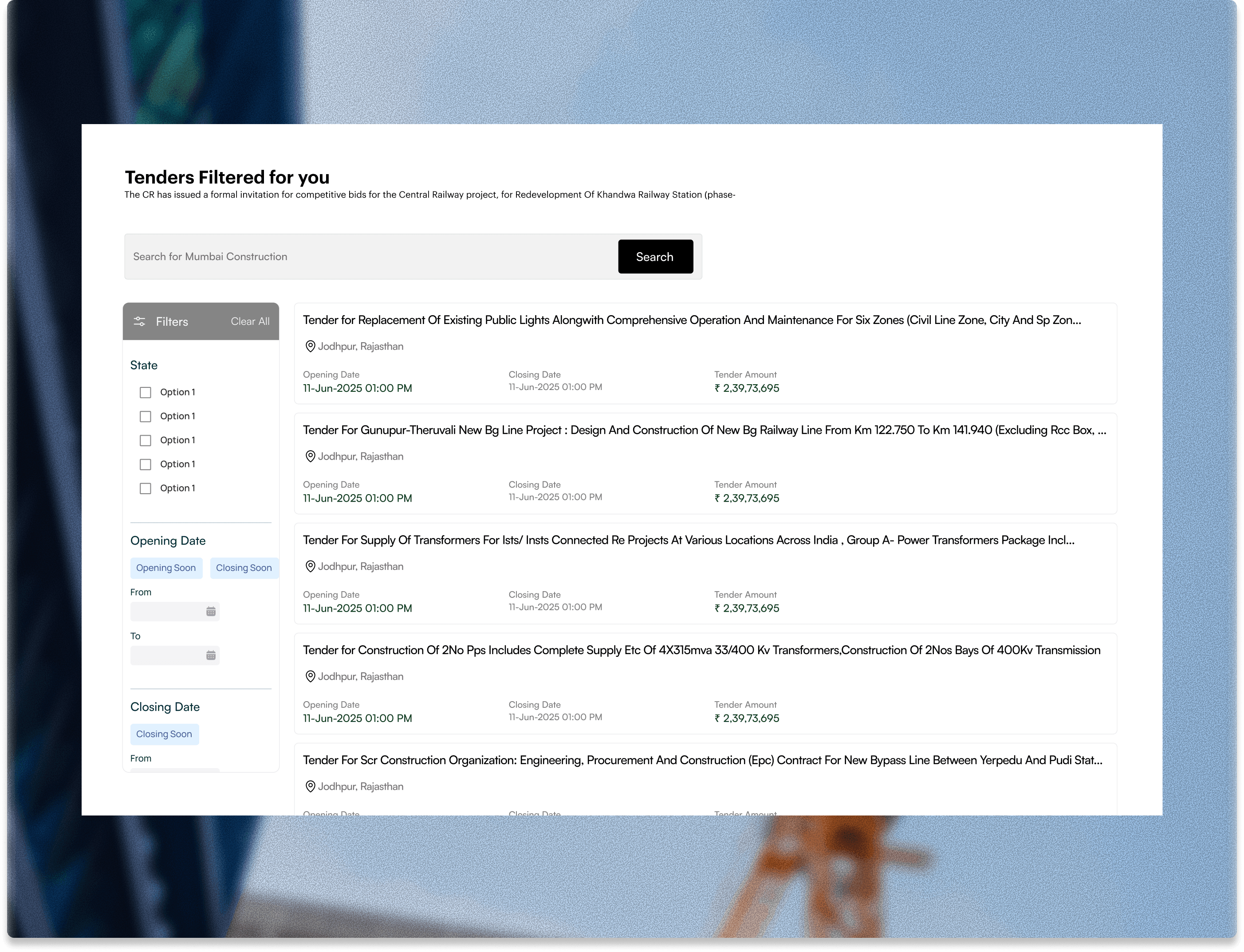 Enterprise-grade tender shortlisting interface