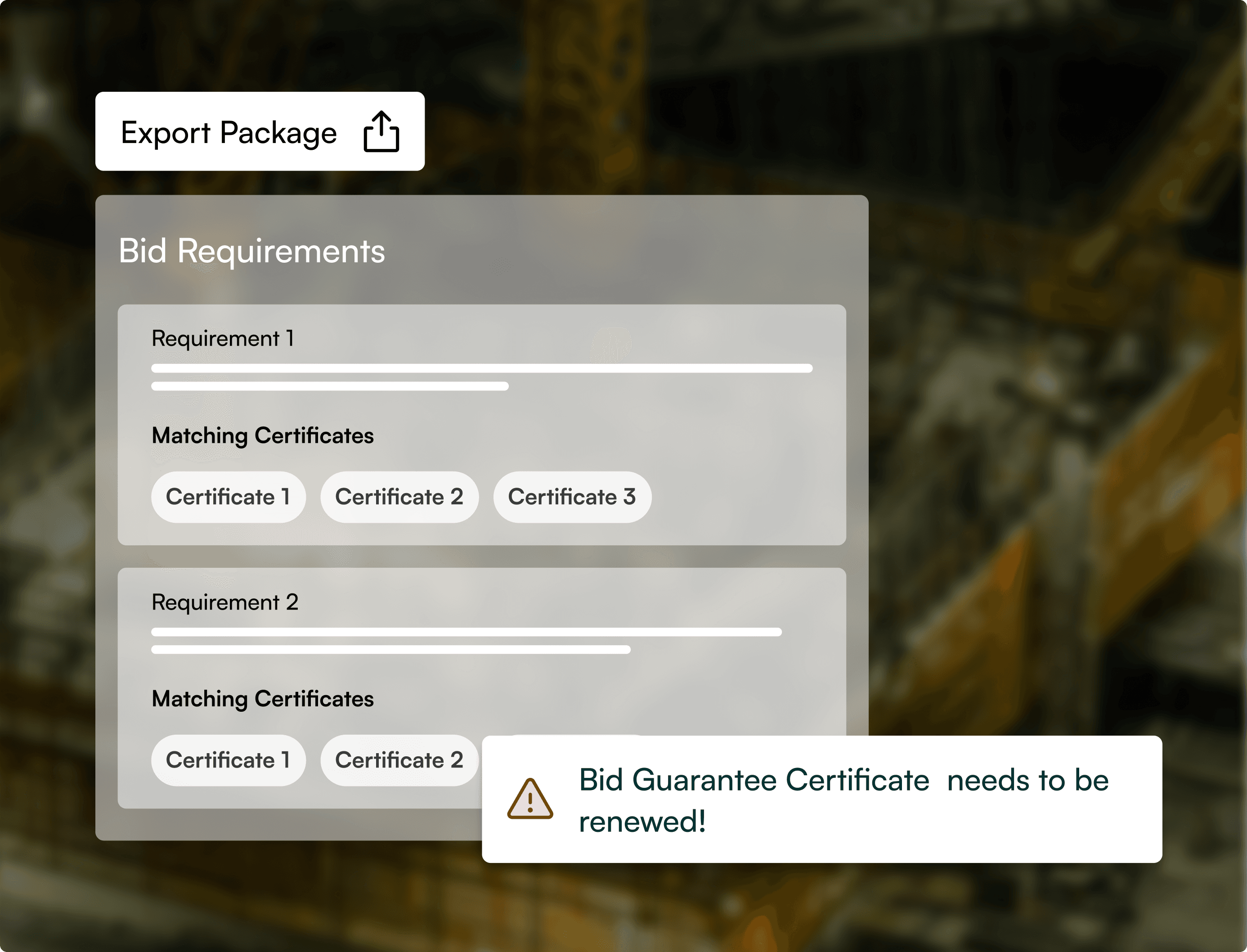 Bid requirements and export package interface