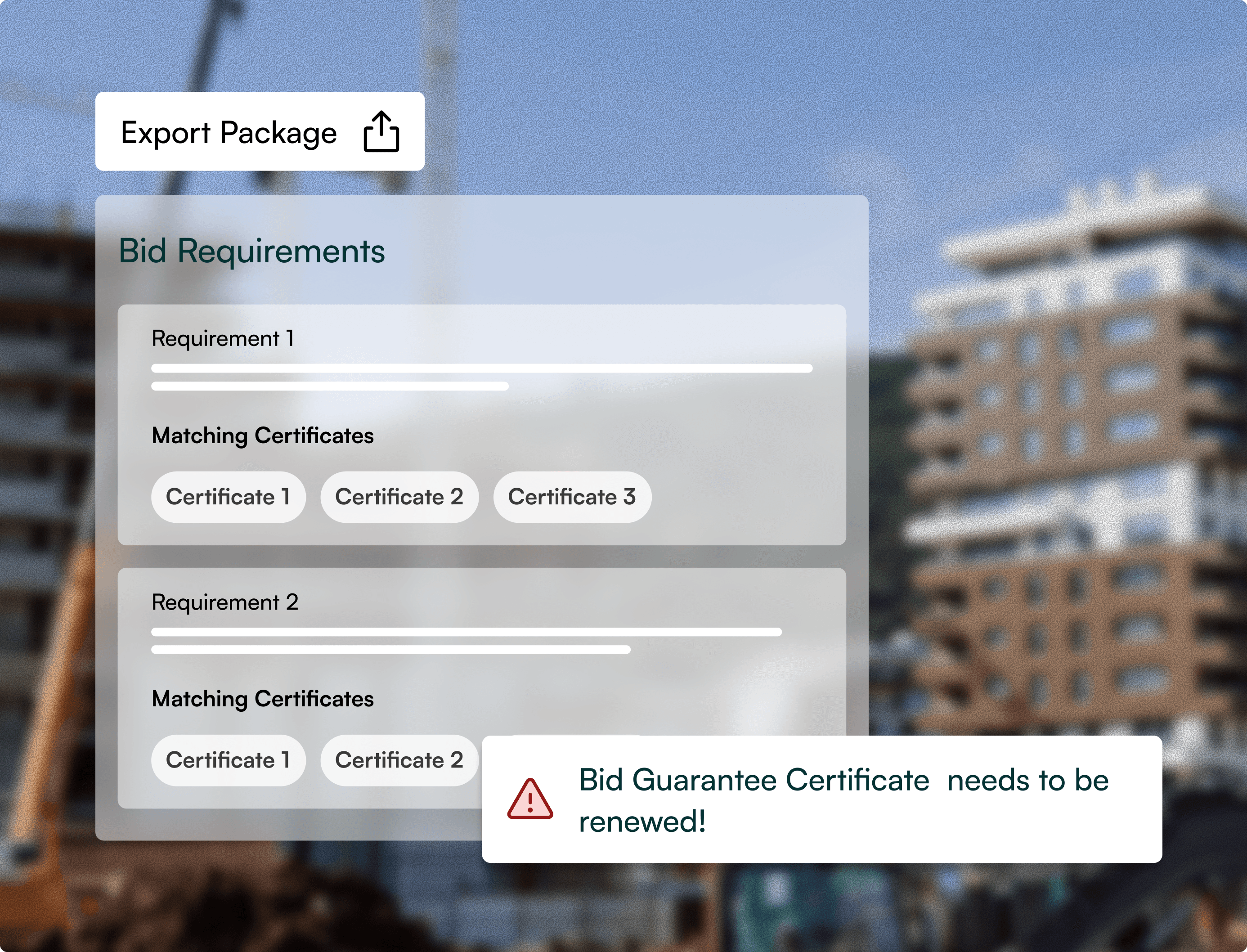 Bid requirements and export package interface