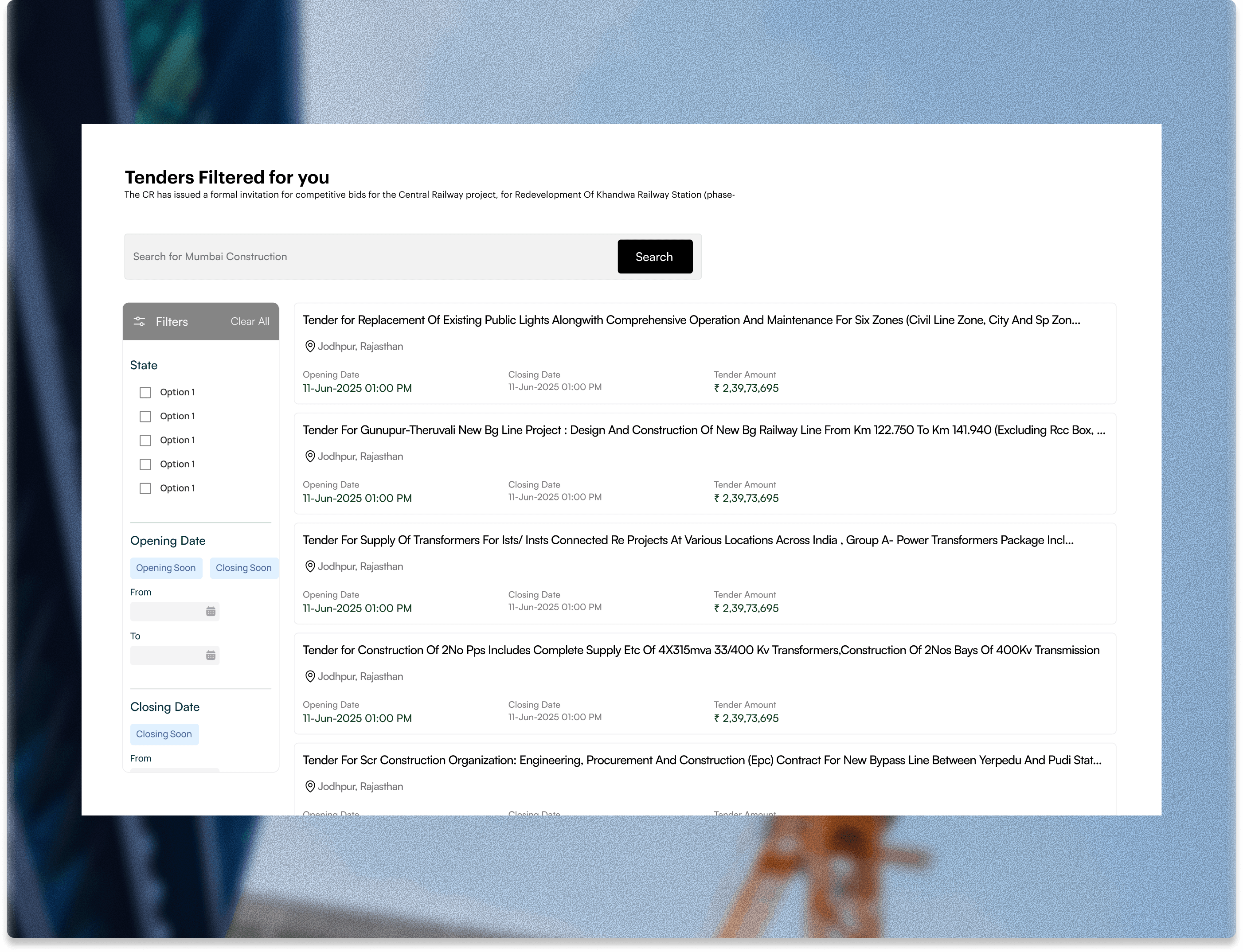 Qualified tender opportunities interface