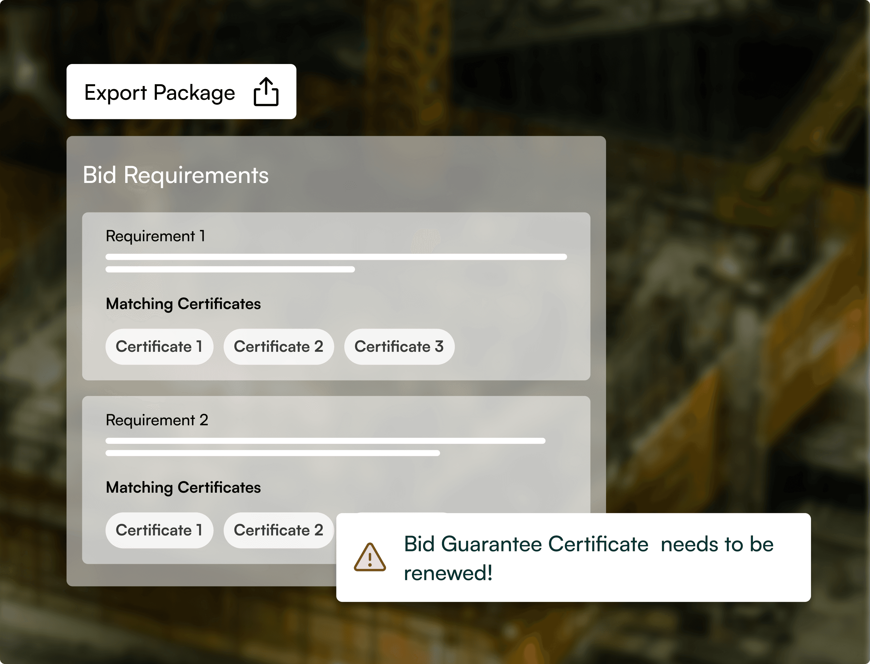 Bid requirements and export package interface